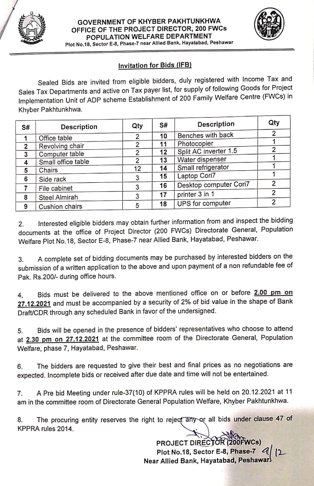 invitation for bids for purchase of goods under ADP scheme establishment of 200 FWCs