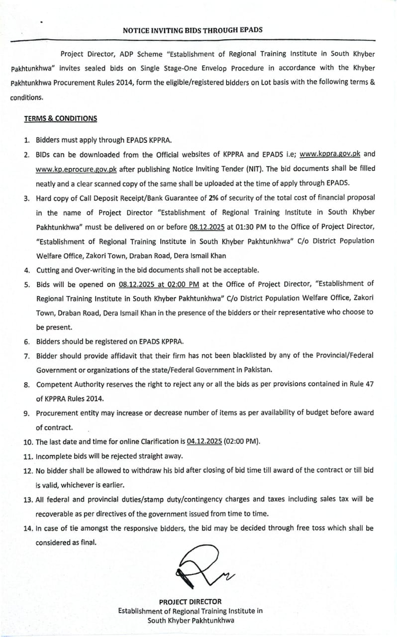 NOTICE INVITING BIDS THROUGH EPADS